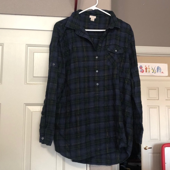 XL Jcrew plaid tunic top w pocket. Blue and green with gold threads - Picture 2 of 4